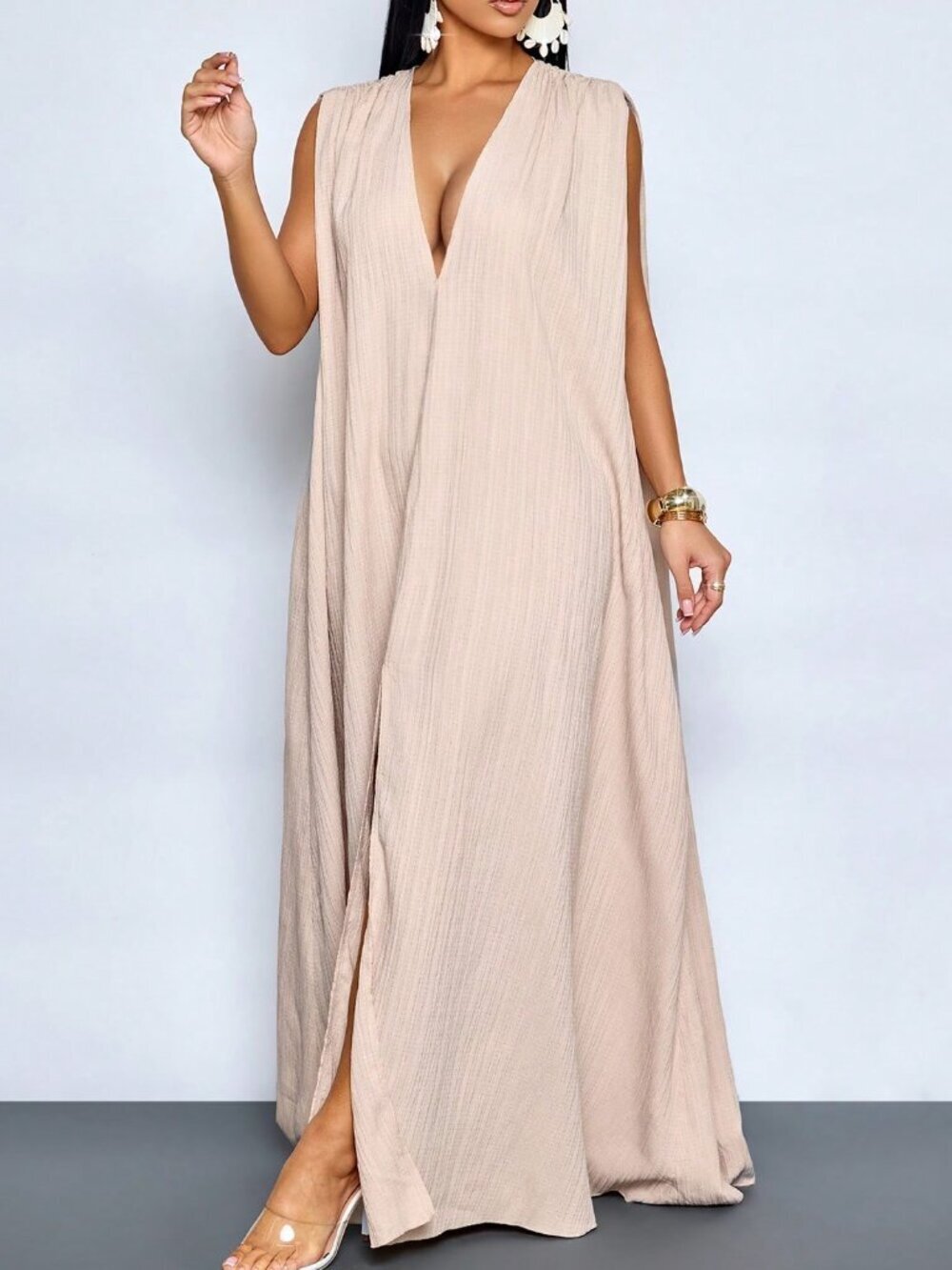 Khaki Boho Casual Women's Tropical Deep V Neck Backless Maxi Dress - Picture 5 of 8